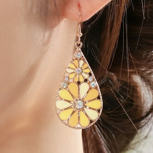 Mosaic Flower Dangle Earrings Boho Glass Rhinestone Floral Statement NWT - Picture 4 of 8